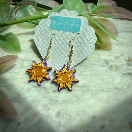 3D Printed Rapunzel inspired earrings - Purple Gold Sun flower earrings - lost princess earrings