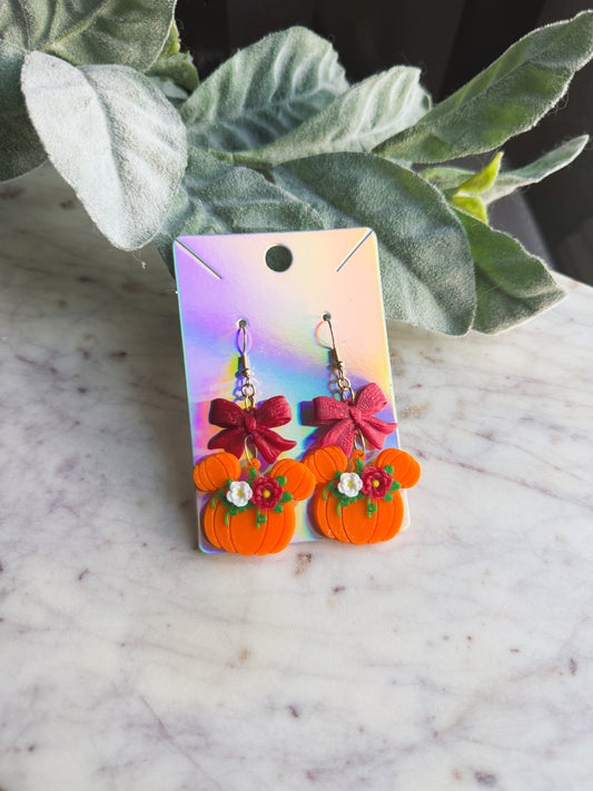 Bow Mouse Dangle Pumpkin Earrings
