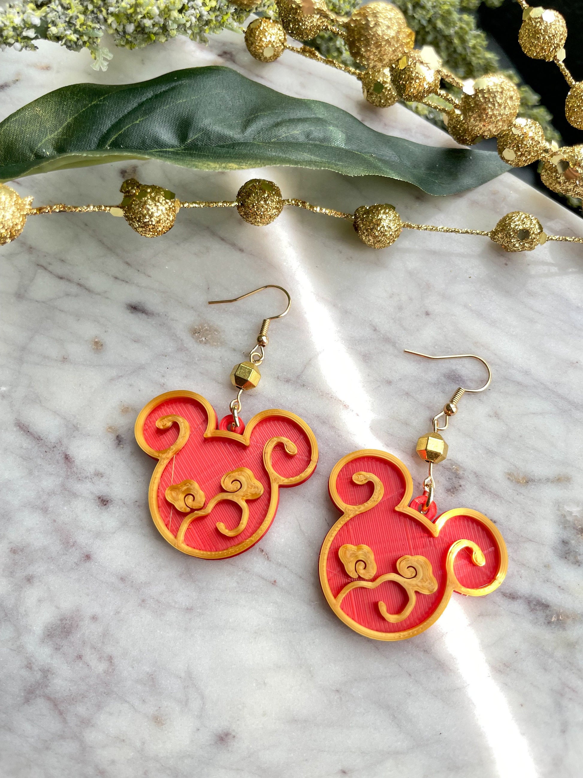 Asian Inspired Mouse Shaped earrings - 3D printed Mouse earrings - Lunar earrings - Chinese Inspired Mickey earrings