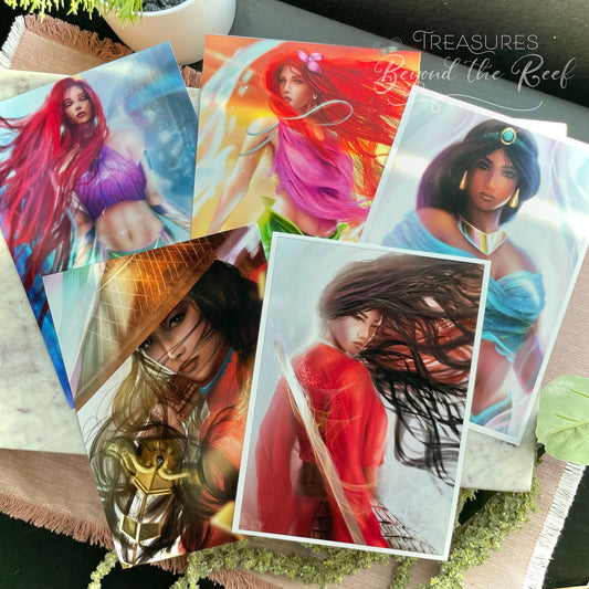 Disney Princess Inspired Art Prints - Small 5x7" art prints - Raya, Jasmine, Ariel, Mulan art prints
