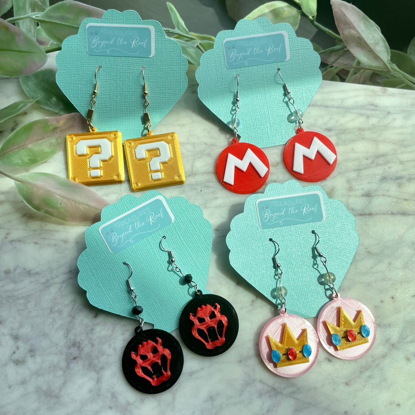 3D Printed Super Nintendo World inspired earrings - Mario Earrings - Princess Peach - Bowser - Question Block earrings - Mario Mushroom