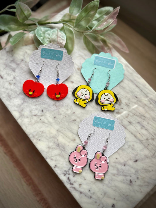 BTS 3D printed inspired earrings - BT21 earrings - Chimmy, Tata, Cooky, Shooky, Koya - Bunny, Heart, Dog BTS characters Koala Army BTS
