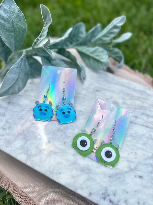 3D printed Monsters inc inspired earrings - Sulley earrings - Mike Wazowski earrings - Blue monster green monster - Scream Cannister