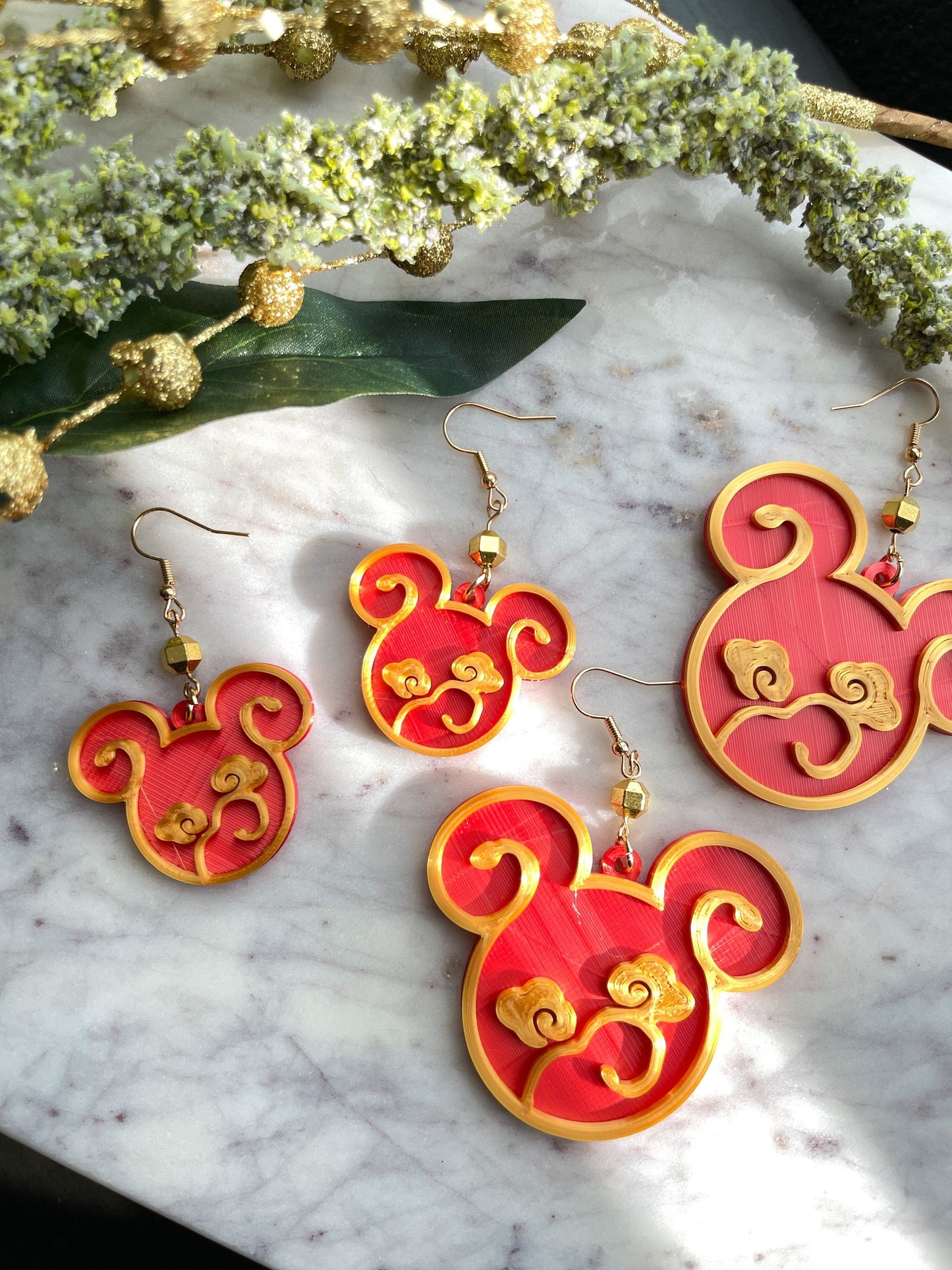 Asian Inspired Mouse Shaped earrings - 3D printed Mouse earrings - Lunar earrings - Chinese Inspired Mickey earrings