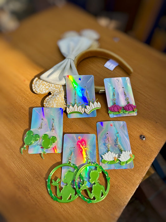 Princess Frog Earrings - Tiana Bayou Adventure inspired earrings - Princess Tiana 3D printed earrings - Lotus Flower - Princess Crown