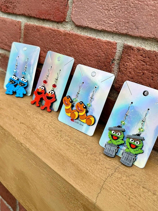 3D Printed Sesame Street Inspired earrings - Slimey - Orange Worm, Blue monster Red Monster, Oscar the grouch - Elmo - Cookie Monster