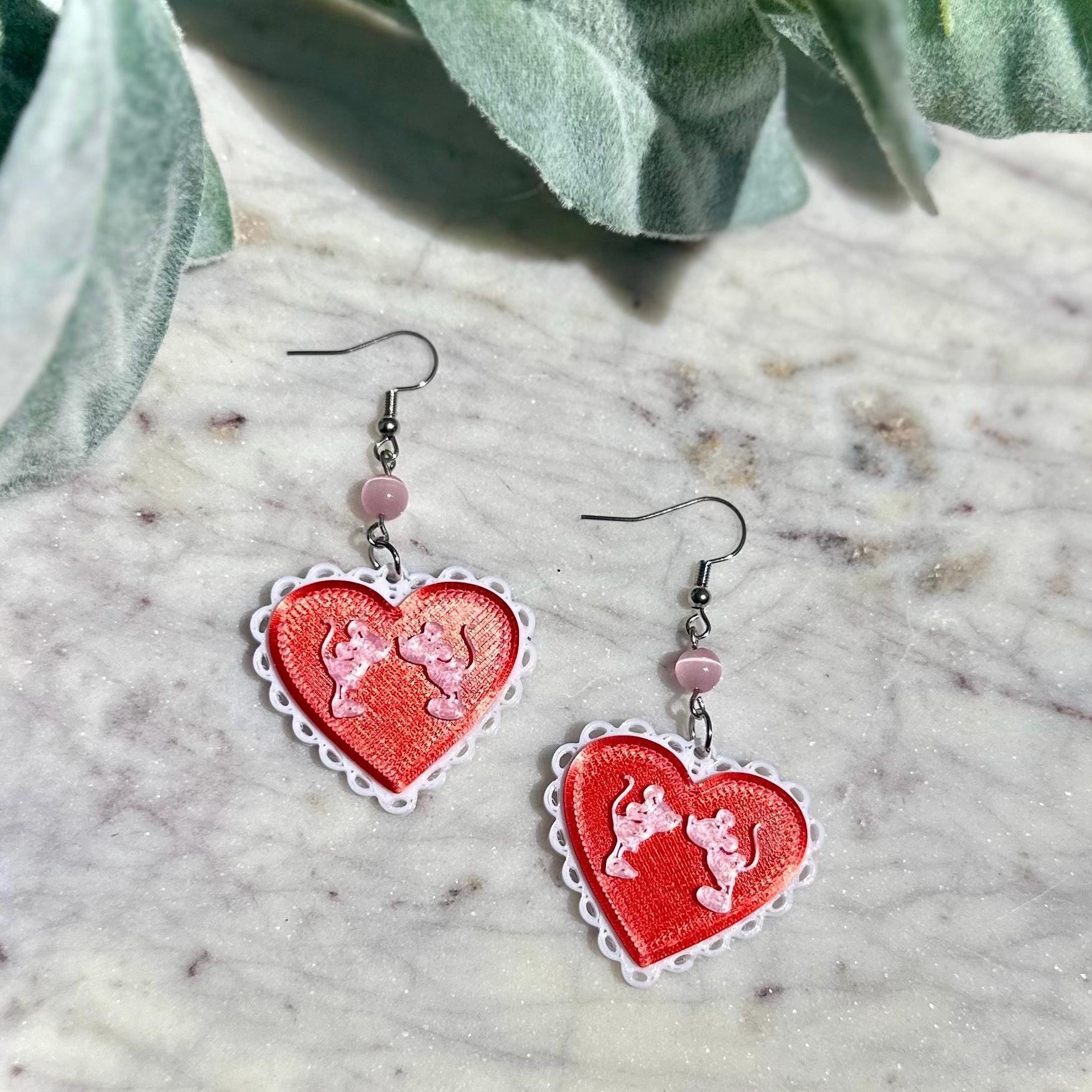 Mickey & Minnie Love earrings - Mickey Minnie Heart Lace earrings - Pink heart Disney earrings
