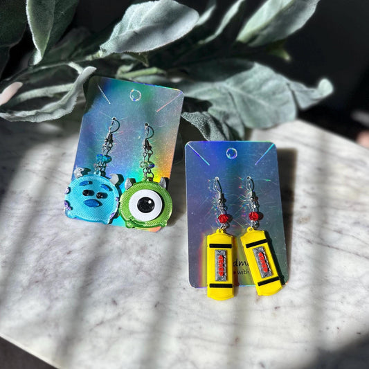3D printed Monsters inc inspired earrings - Sulley earrings - Mike Wazowski earrings - Blue monster green monster - Scream Cannister