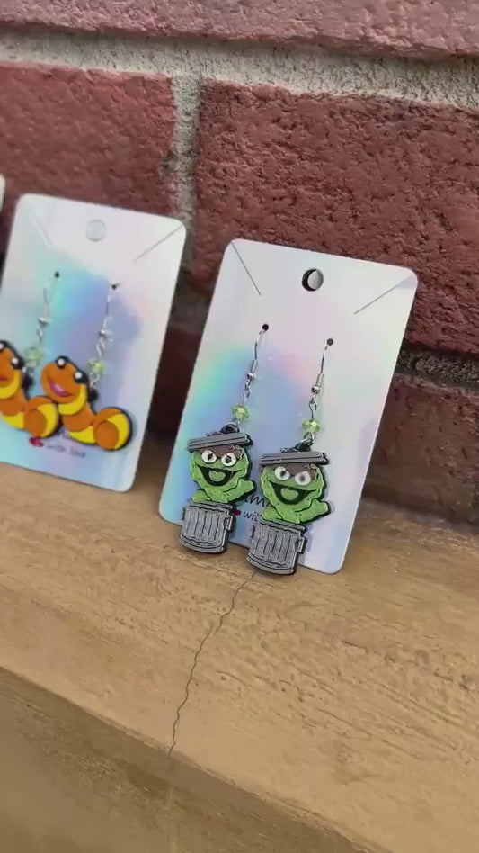 3D Printed Sesame Street Inspired earrings - Slimey - Orange Worm, Blue monster Red Monster, Oscar the grouch - Elmo - Cookie Monster