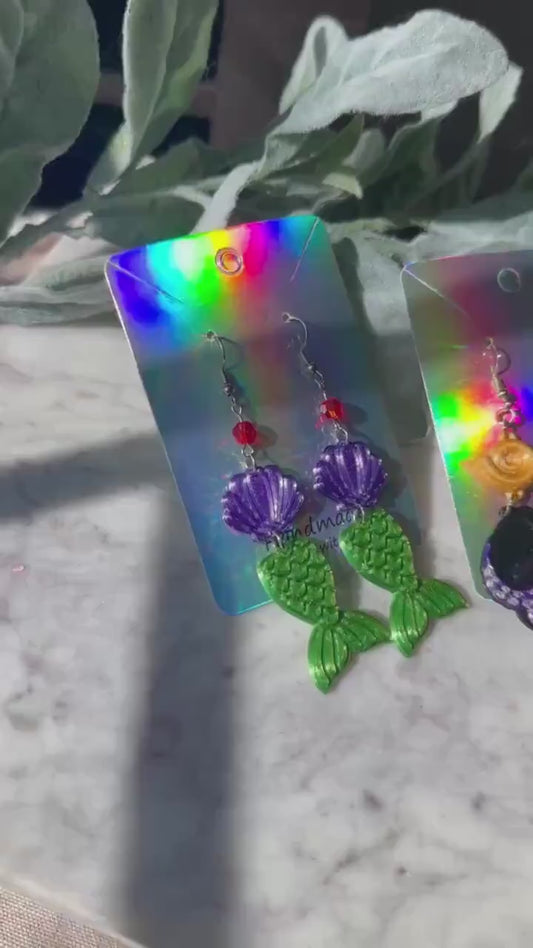 Mermaid Earrings, Seashell Earrings, 3D Printed Mermaid earrings, Ariel Inspired Earrings, Ursula inspired earrings - Tentacle earrings
