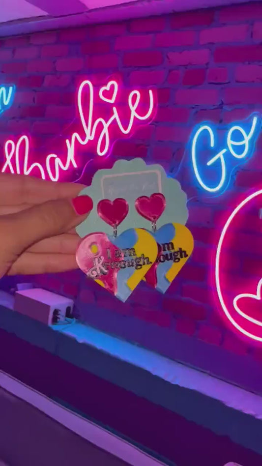 Kenough Doll inspired earrings - Hot Pink Doll earrings - I am Kenough earrings - Hot pink earrings -  Tiedyed heart earrings