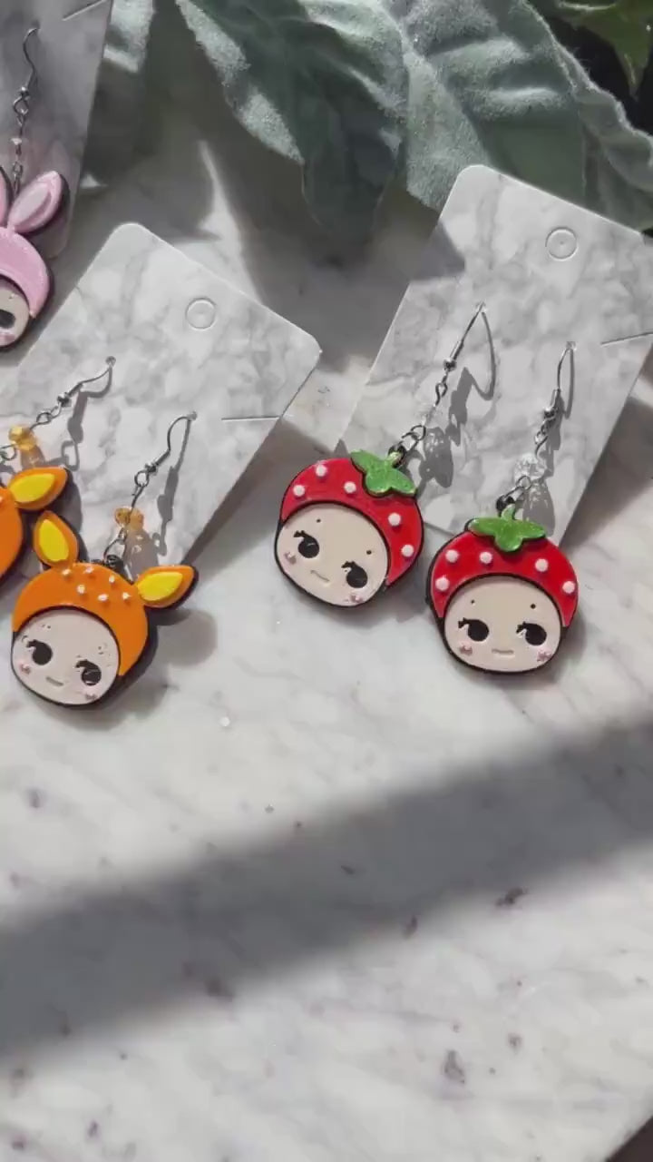 Sonny Angel Inspired Earrings: 3D Printed Kawaii Bunny, Deer, Strawberry